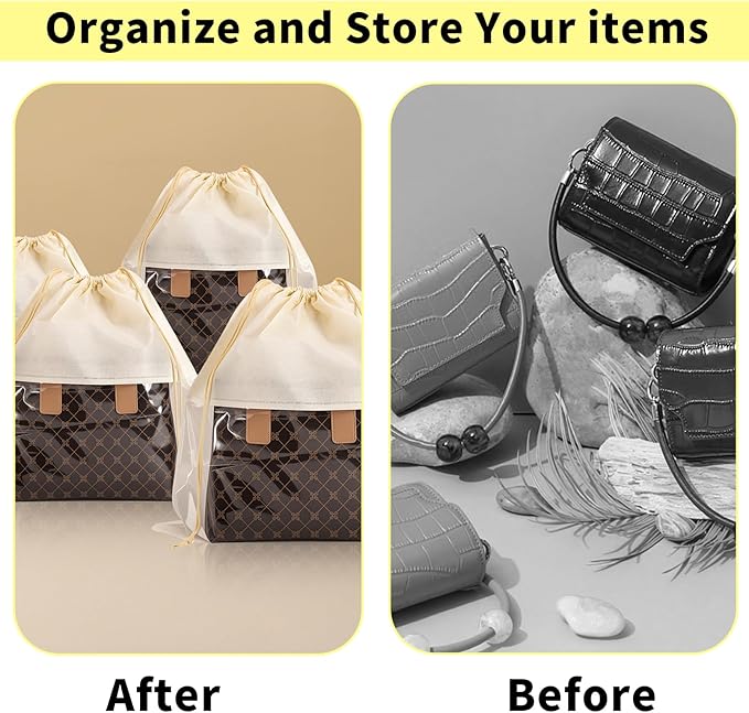 12 Pcs Shoe Bags for Travel, Dust Bags for Handbags, Dustproof Drawstring Bags in 4 Size, Breathable Non Woven Fabric Storage Bag for Handbags Shoes Purses, Beige