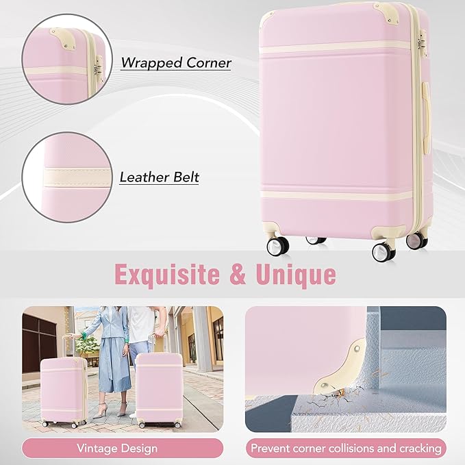 Merax 28 Inch Checked Luggage, Expandable Suitcase with Spinner Wheels, Hard Shell Vintage Luggage Set with TSA Lock(Light Pink)