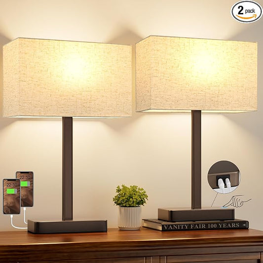 Hong-in Touch Lamps for Bedroom - 3-Way Dimmable Bedside Lamps Set of 2 with USB C+A, White Modern Table Lamp for Night Stands, Desk Lamp for Living Room Nightstand End Tables Bed Side