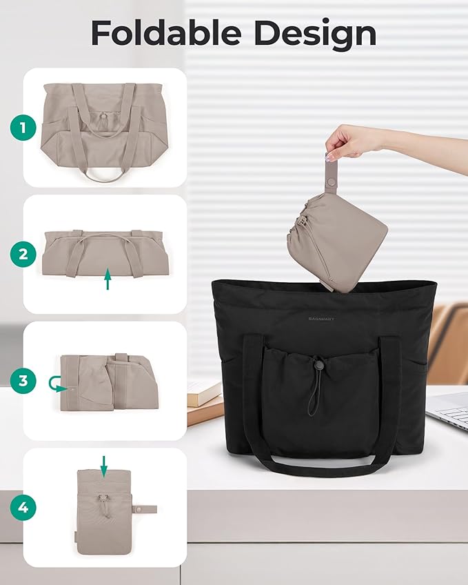 BAGSMART Foldable Tote Bag with Drawstring Bag, Large Tote Bag Shoulder Bag Top Handle Handbag for Travel, Work, Beach, Gym