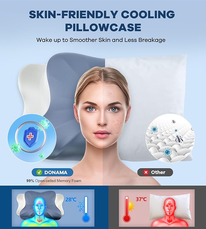 DONAMA Cervical Pillow for Neck and Shoulder Pain Relief, Cooling Contour Memory Foam Pillow, Dual-Height Ergonomic Neck Support Pillow for Side Back Stomach Sleepers with Removable Pillowcase