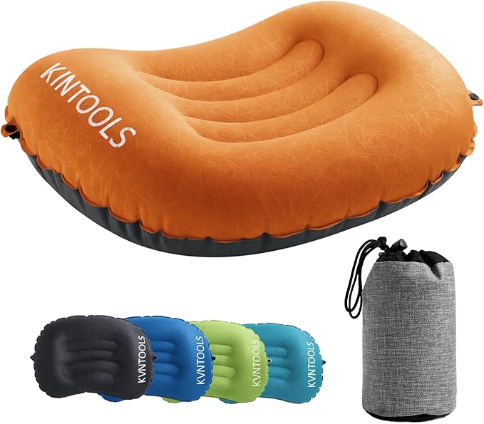 Ultralight Inflatable Camping Travel Pillow-Compressible, Compact, Comfortable, Ergonomic Inflating Pillows for Neck & Lumbar Support While Camp, Hiking, Backpacking (Orange)