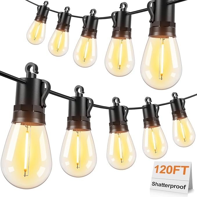 120FT LED Outdoor String Lights for Patio Decor | Outside Hanging Lights with 34 Shatterproof S14 Vintage Edison Bulbs(2 Spare), Waterproof 2700K Dimmable