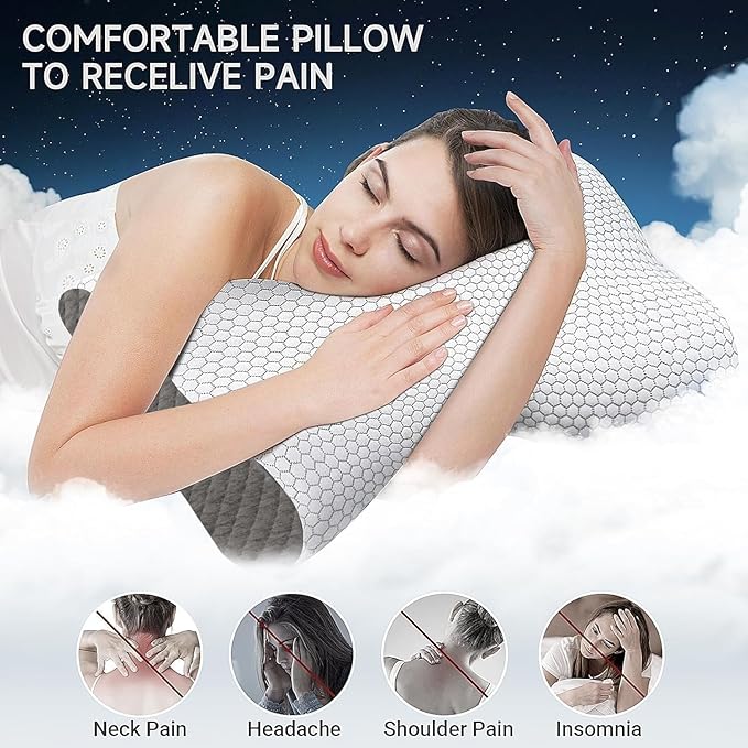 CloudBliss Memory Foam Pillow, Ergonomic Neck Contour Cervical Pillow for Back and Shoulder Pain, Orthopedic Pillow for Neck Pain Relief, for Sleeping Side, Back, Stomach Sleepers - Grey, Standard