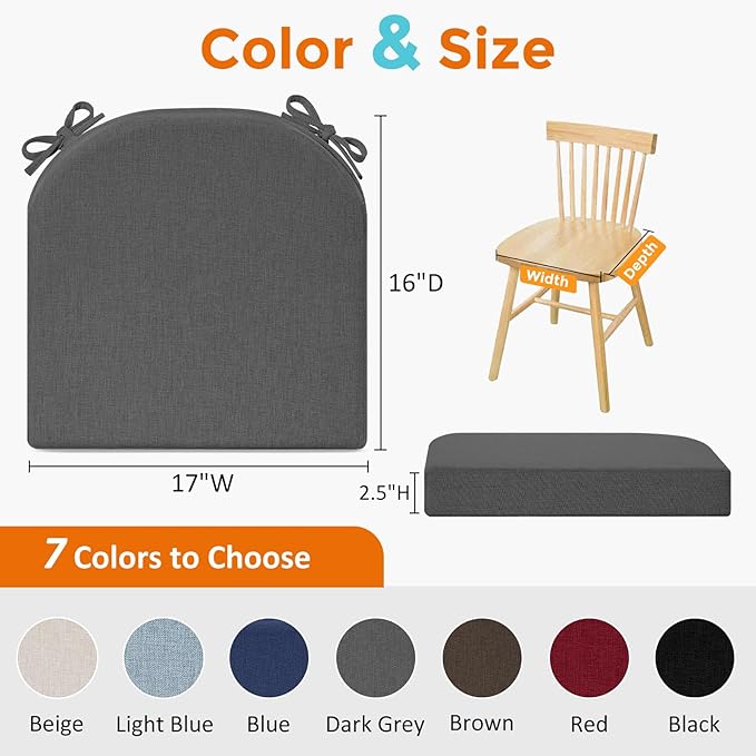 downluxe Chair Cushions for Dining Chairs, Memory Foam Linen Kitchen Chair Pads with Ties, Waterproof, Stain-Resistant and Washable Cover, 17" x 16" x 2.5", Dark Grey, 6 Pack
