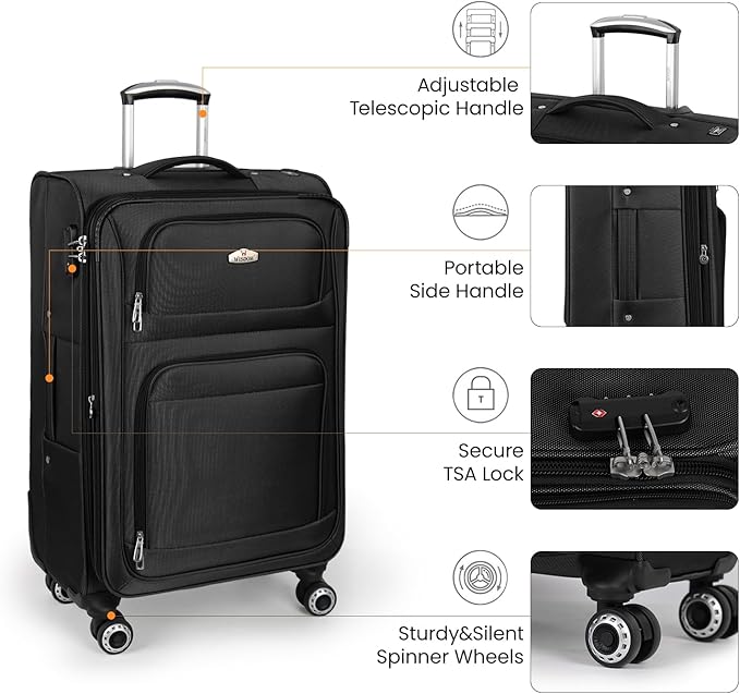 26" Luggage Softside Expandable 15% Checked Luggage with Double Spinner Wheels Combination LOCK,Lightweight Travel Suitcase for Men/Women（Black,26in）
