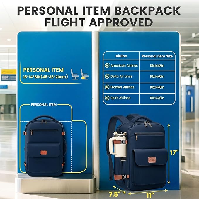 MATEIN Personal Item Travel Backpack, Lightweight Frontier Personal Item Bag with Shoe Compartment 15.6 inch Water Resistant Travel Laptop Backpack Airline Approved Underseat Backpacks for Women, Blue