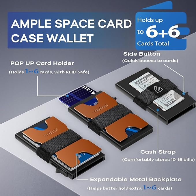 RUNBOX Slim Card Holder Wallet for Men, Minimalist RFID Blocking Wallet with Pop-Up Function, Ultra-Thin Design, Metal Business Card Cases holds 6+6 Cards, Gifts for Men, Men's Accessories
