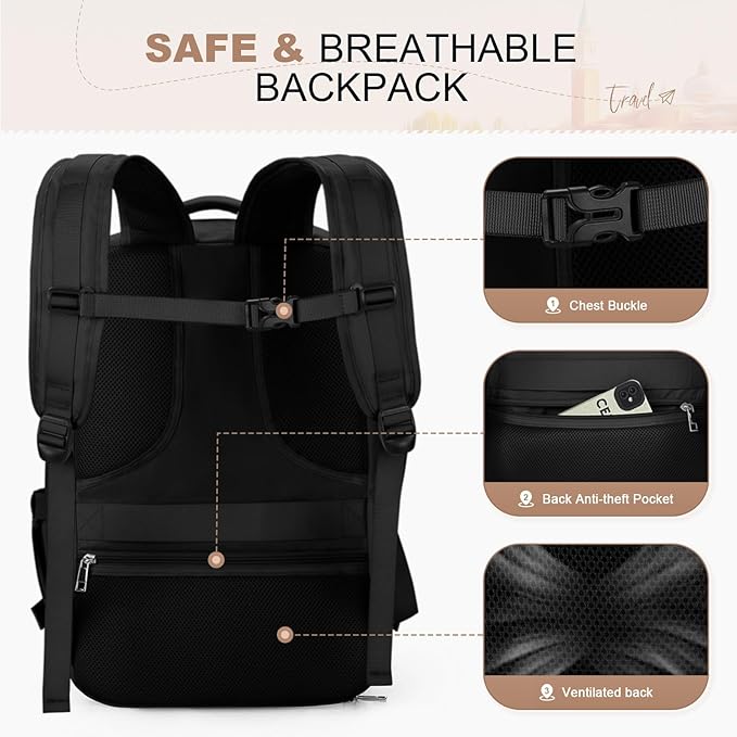 Maelstrom Travel Backpack for Women Men,35L Laptop Backpack Fits 17-Inch Laptop,Carry On Backpack for Airplanes with Crossbody Bag&Shoe Compartment&Toiletry Bag (Black With Toiletry Bag, Large)