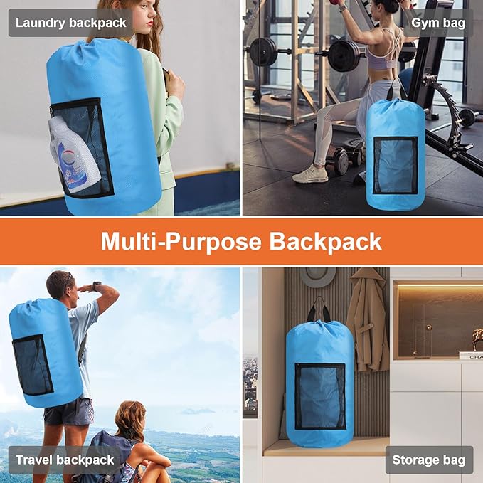 Laundry Bag Backpack Durable Laundry Bag with Shoulder Straps and Mesh Pockets Portable Laundry Dirty Clothes Hamper Bag for College Dorm (Blue)