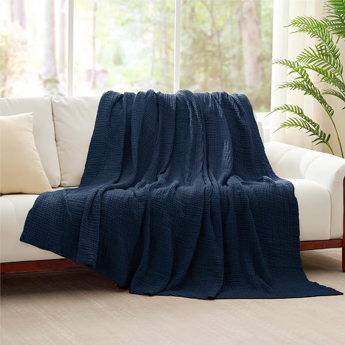 100% Cotton Muslin Blanket Large 50" x 70", 6 Layers Breathable and Lightweight Navy Throw Blanket for Bed and Couch, Soft Quilt Bedspread, Gauze Blanket for Adults All Season, Navy, Dark Blue