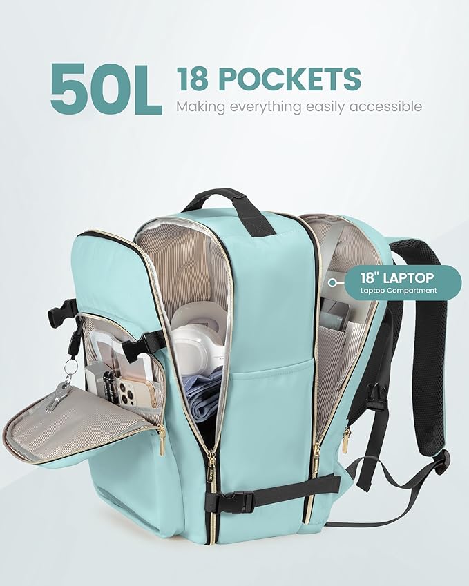 LOVEVOOK Travel Backpack for Women & Men 50L,Airline Approved Carry On Backpack Travel Essentials,TSA Carry on Luggage,Waterproof Personal Item Travel Bag,Suitcase with 3 Packing Cube,Mint green-Black