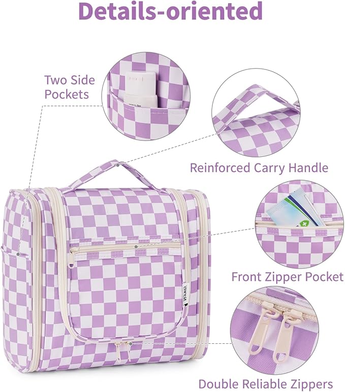 Narwey Checkered Hanging Travel Toiletry Bag for Women, Travel Bag for Toiletries, Makeup Bag Organizer Cosmetic Bags Make Up Bags for Women (Purple Checkerboard)