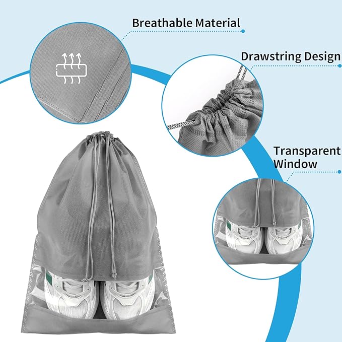 Shoe Bags for Travel, 5 Pcs Large Gray Travel Shoe Bags for Packing, Non-Woven Drawstring Travel Shoe Storage Bag with Clear Window for Men and Women（12.6" X 17.3" ）