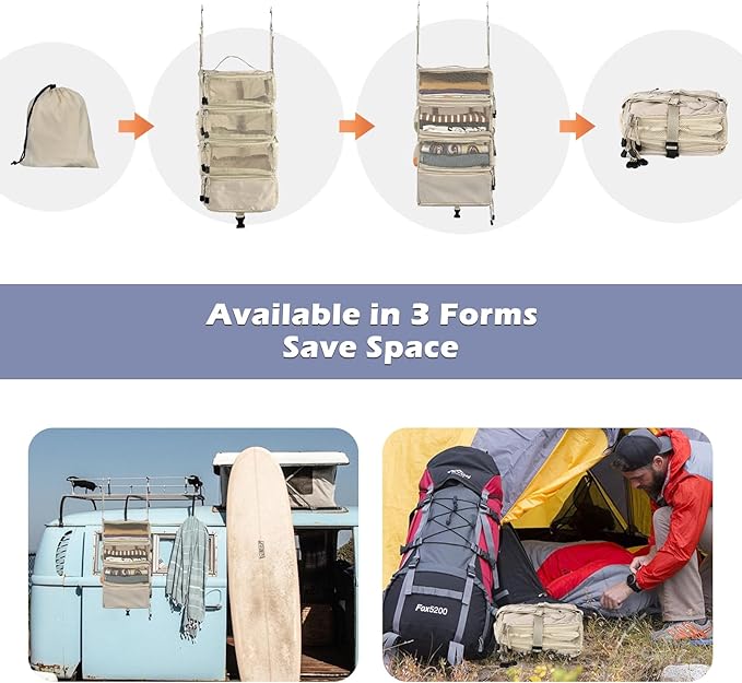 Surblue Travel Hanging Luggage Organizer Portable Suitcase Closet Organizer Multiple Compartments Collapsible Compression Packing Cubes Shelf, Beige, S