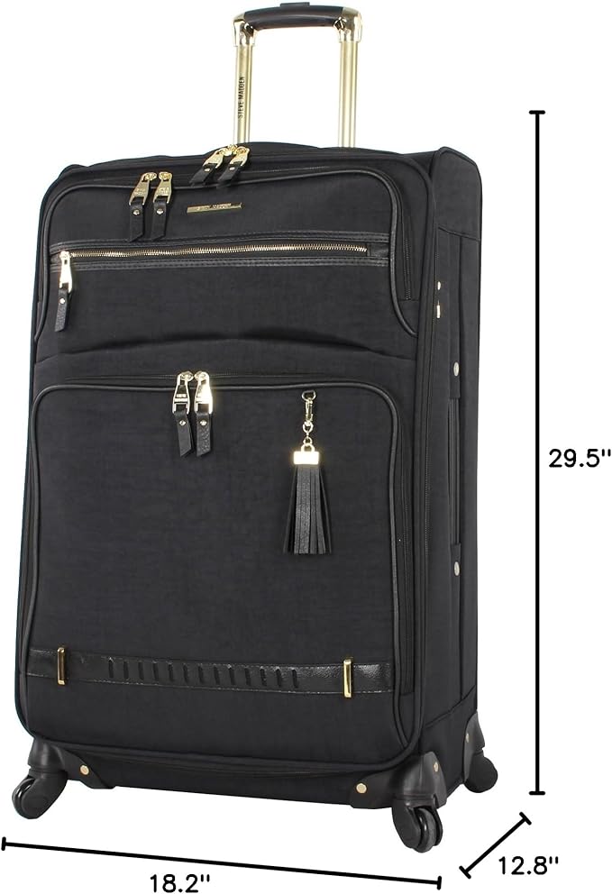 Steve Madden Designer Luggage - Checked Large 28 Inch Softside Suitcase - Expandable for Extra Packing Capacity - Lightweight Bag with Rolling Spinner Wheels (Peek-A-Boo Black)