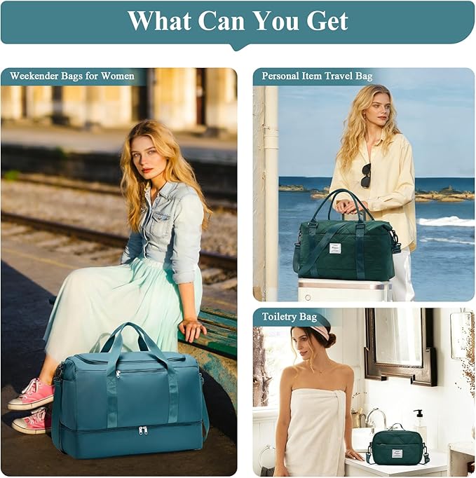 Extra Large Travel Duffle Bag,Carry on Overnight Bag with Shoes Compartment,Weekender Bags for Women for Travel Business Trips Sport Hospital,3 Pcs Set,Peacock Blue