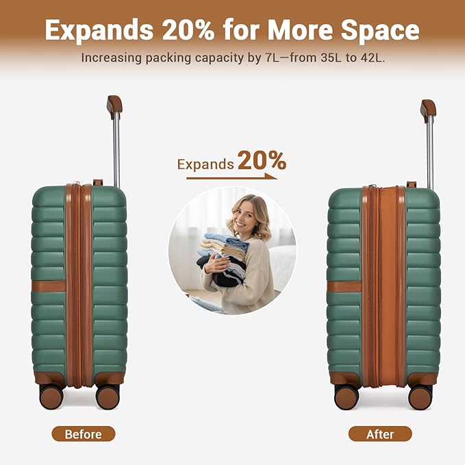 Kono Expandable Carry On Luggage 22x14x9 Airline Approved with Spinner Wheels, 20 Inch Durable & Impact-Resistant PC+ABS Hardshell Rolling Suitcase Travel Luggage with Lock, Green/Brown