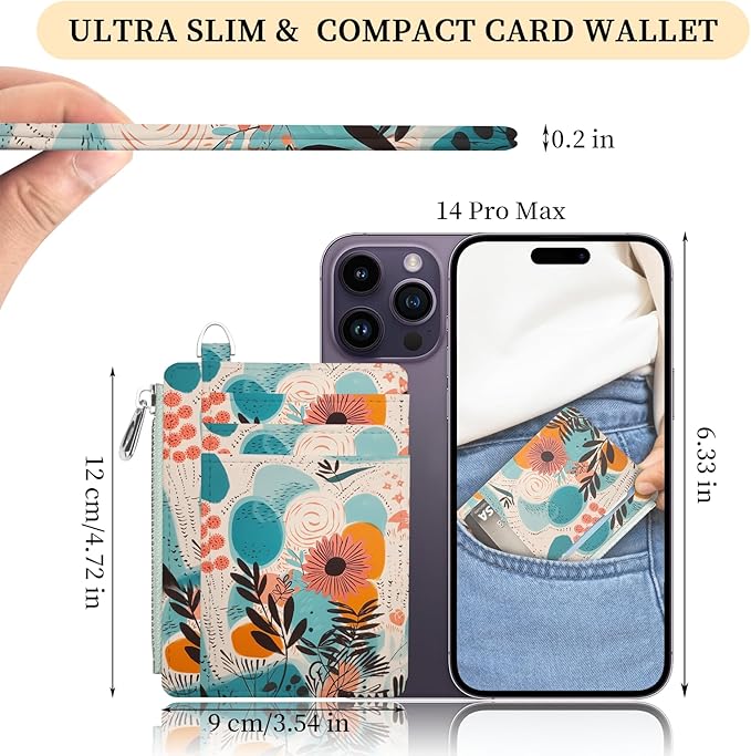 Hancynir Slim Wallet Women Credit Card Holder Abstract Flower Floral RFID Small Mini Card Case Front Pocket PU Leather Thin Travel Zipper Coin Cash ID Window Ladies Female Wallet Gifts