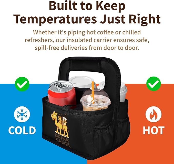 Reusable Drink Carrier with Handle – Durable No-Spill Insulated & Collapsible Beverage Bag with Pockets, Portable Caddy for On-the-Go Delivery, Travel & Car Use (4 Cup Carrier, Black)