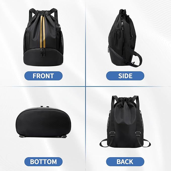 Drawstring Backpack Gym Bag with Shoes Compartment for Soccer, Basketball, Swim, Water-Resistant String Backpack Beach Cinch for Women Men, Black Gold