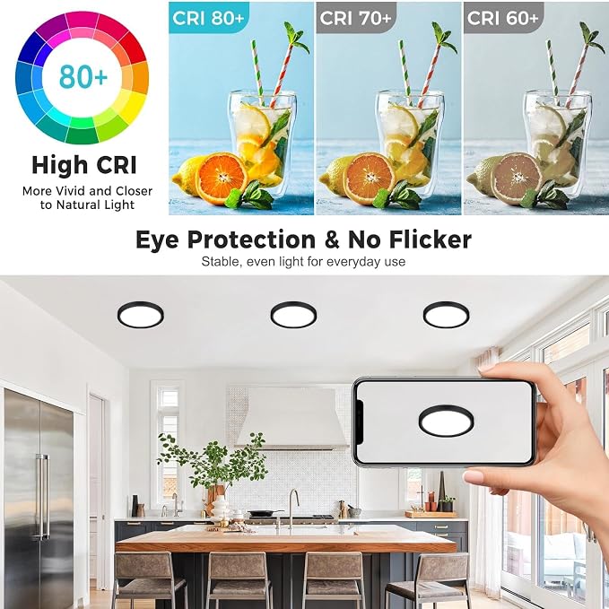 libtit 6Pack 13inch LED Flush Mount Ceiling Light, Dimmable & 5Color Temperatures (3000K-6500K), 24W Round Slim Black Light Fixture for Bedroom Livingroom Garage Kitchen