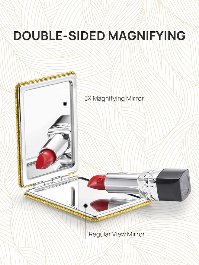 OMIRO Compact Mirror, Glitter PU Leather 1X/3X Magnification, Ultra Portable for Purses, 2.4" W x 3.4" L (Gold)
