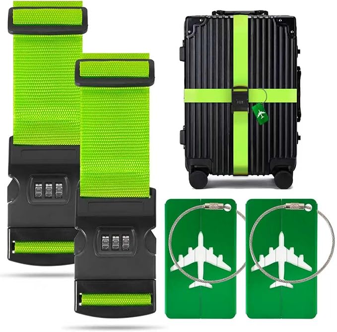 BILIONE 2 Pack Luggage Straps for Suitcases with Password Lock & Metal Airplane Tags, Adjustable Suitcase Belt & Travel Belt, Luggage Connector Straps to Connect Two Bags 20-34 Inch (Green)