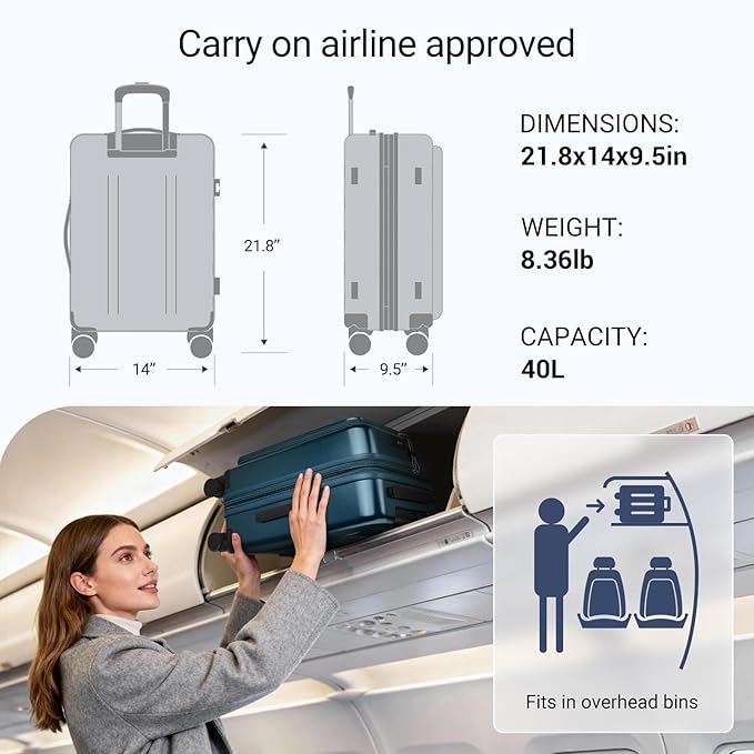 Carry On Luggage with Top Opening, Expandable with Front Pocket and USB Charging Port, Lightweight with front compartment Rolling Suitcases with Spinner Wheels (Navy, 20 Inch)