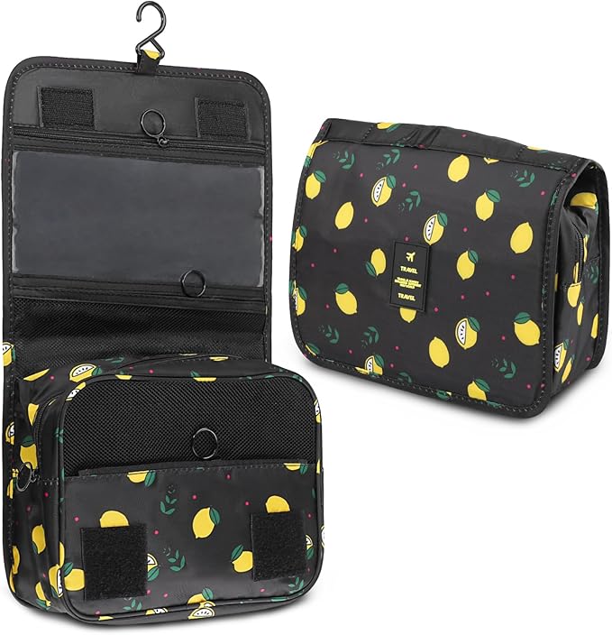 Foldable Hanging Travel Toiletry Bag,Waterproof Portable Travel Bags, Multifunction Travel Makeup Cosmetic Bag Organizer with Hanging Hook (Black Lemon)