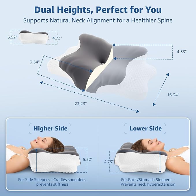 Cervical Pillow for Neck Support: Contour Memory Foam Pillow for Side Back Stomach Sleepers - Ergonomic Neck Pillow with 2 Heights & Widened Armrest Design
