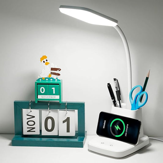Upgraded 10W Wireless Charging LED Desk Lamp with Pen Holder, White | CRI 95, 800LM, Stepless Dimming, 3 Modes, 360°Flexible Arm, Touch, Study Table Lamp for Home Office, Dorm Room, with Adapter