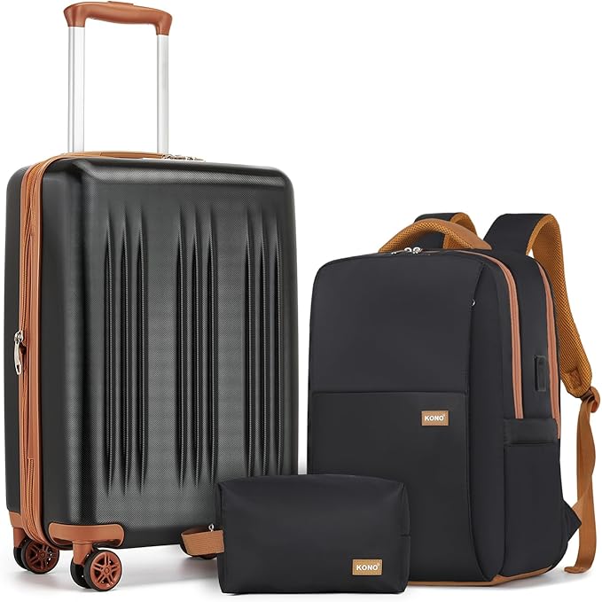 Kono Luggage Sets 3 Piece Expandable Carry On Travel Luggage 20 Inch TSA Lock Spinner Wheels Hardshell Suitcase Set(Black&Brown,3 Piece Set)