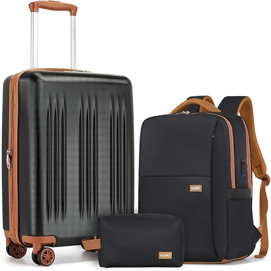 Kono Luggage Sets 3 Piece Expandable Carry On Travel Luggage 20 Inch TSA Lock Spinner Wheels Hardshell Suitcase Set(Black&Brown,3 Piece Set)