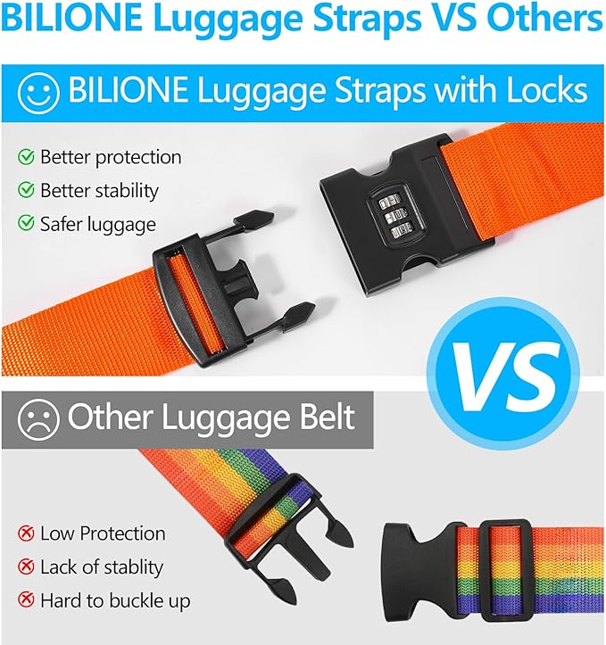 BILIONE 4 Pack Luggage Straps for Suitcases with Password Lock & Metal Tags, Adjustable Suitcase Belt & Travel Belt, Secure & Identify Luggage Connector Straps to Connect Two Bags 20-34 Inch Black