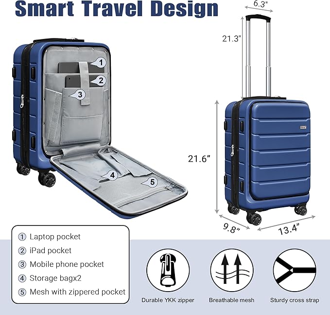 SmileLine 20 inch Carry-On, Lightweight Hardside Suitcase, Expandable Small Suitcase with Front Pocket, Navy Blue