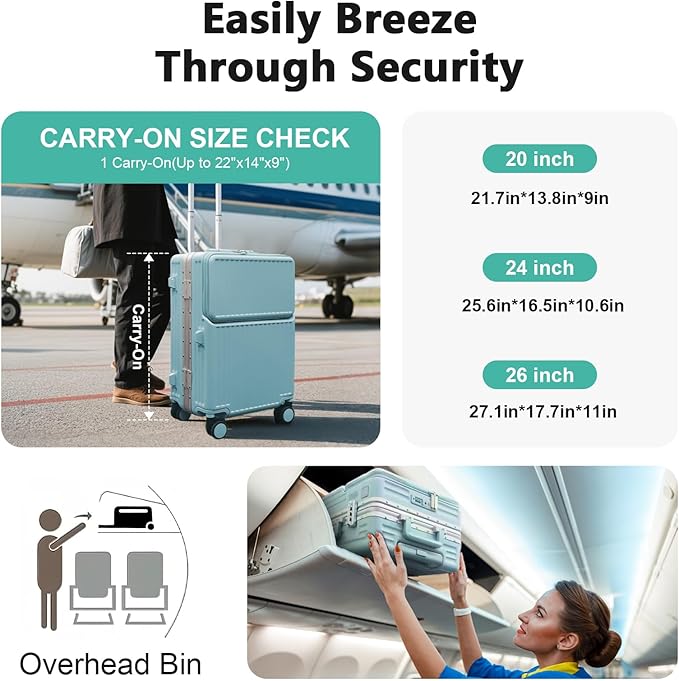 Hard Shell Luggage 20 Inch Travel Luggage, 22x14x9 Airline Approved with TSA Lock, PC+ABS Aluminum Frame, Lightweight Travel Luggage 20'' 24'' 26''Carry-On (upgraded blue, 20 inch)