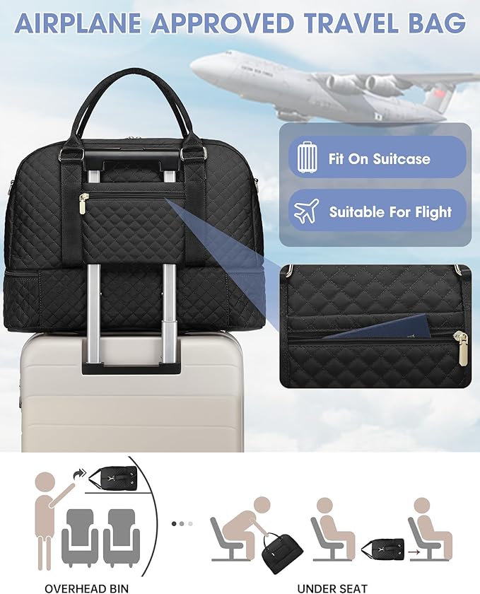 Weekender Travel Duffle Bag for Women: Overnight Bags with Shoe Compartment Carry on duffel Bag for Airplanes with 2 PCS Toiletry Bags Weekend Yoga Gym Hospital Bag with Wet Pocket Black
