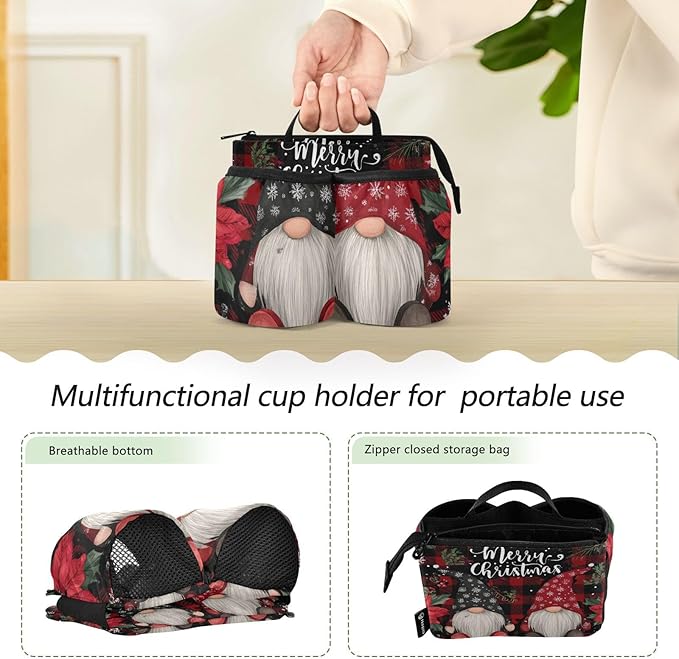 Red Black Checkered Christmas Gnomes Holly Luggage Cup Holder Travel Portable Free Hand Drink Carrier Suitcase Drinks Beverage Holder Carry-On Bottle Mug Holder Organizer Bag Travelers Accesso