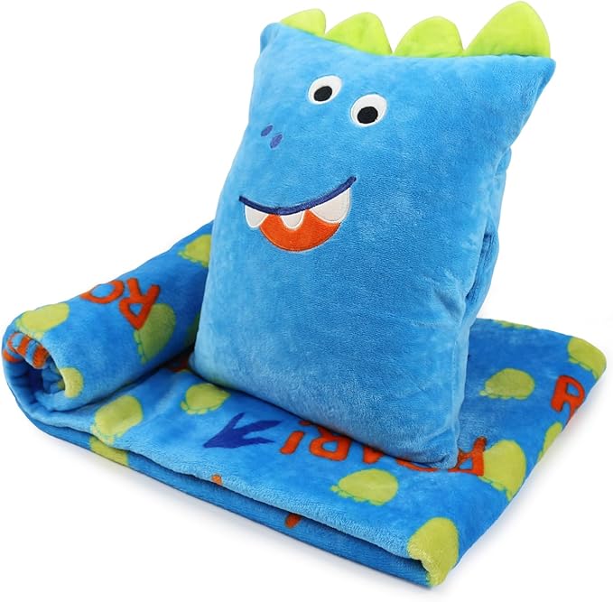 3 in 1 Kids Travel Pillow and Blanket Set - 40x60in, Plush Pillow with Hand Warmer, Dinosaur Pillow Blanket for Boys Birthday Christmas Party Favors and Travel Essential