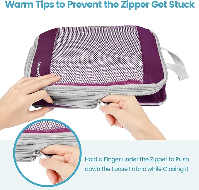 Cambond Compression Packing Cubes - 4 Set See Through Mesh Packing Cubes for Travel, Expandable Travel Essentials Packing Organizers for Carry on Suitcases with 3-in-1 Underwear Bag, Purple