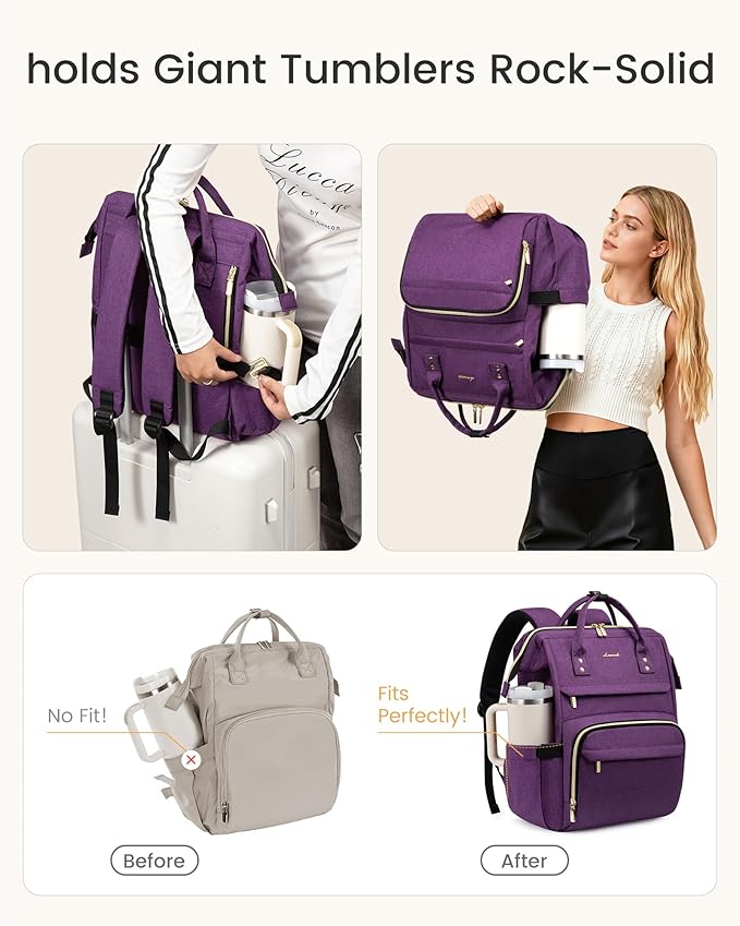 LOVEVOOK Laptop Backpack for Women with Giant Tumbler Holder Pocket,17 inch Waterproof Travel Backpack Purse Computer Laptop Bag,Professional Work College Nurse Teacher Backpack Daypack,Light Purple