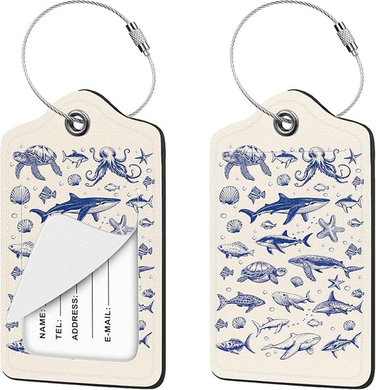 2 Pcs Whale Sea Turtle Luggage Tag for Suitcases, Cute PU Leather Suitcase Tag Privacy Cover ID Label with Metal Loop, Personalized Baggage Identifier for Women Cruise Bag Travel Essentials
