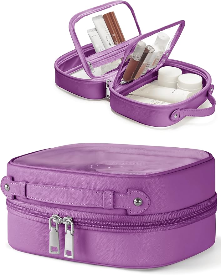 Clear Cosmetic Bag Double Layer Travel Toiletry Bag Clear Makeup Bag Case with 4 Compartments, Transparent Travel Bag for Toiletries, Large Toiletry Bag for Women Cosmetic Case (Purple, Small)
