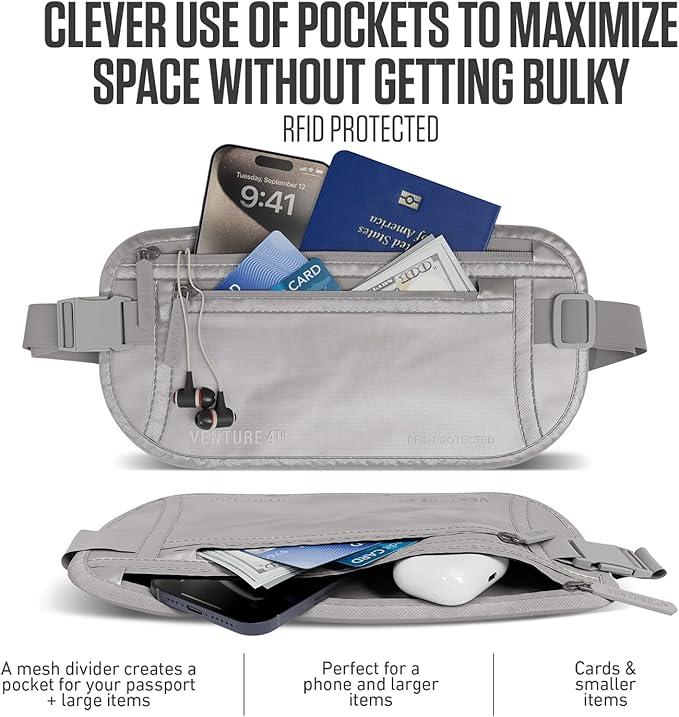 VENTURE 4TH Money Belt for Travel – Hidden Under-Clothes RFID Blocking Passport Holder & Slim Travel Wallet Pouch for Men & Women to Protect Cash, Cards & Documents (Sleek Silver)