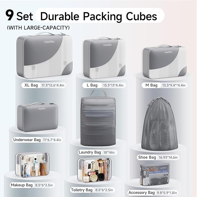 11 Set / 9 Set Packing Cubes for Travel,Gifts for Women Mom Kids,TSA Approved Bags for Makeup, Cosmetic, Toiletry, Organizers for Suitcase Carry On, Cruise Essentials Airplane Accessories, Grey