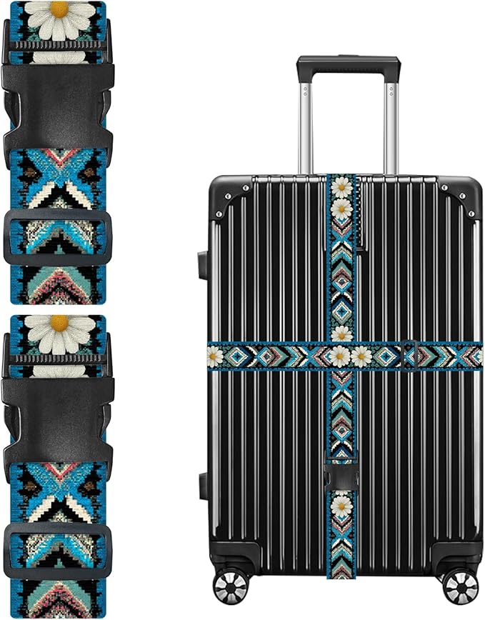 Nuxovilar Luggage Straps of 2 Set Ethnic Style & Daisies Pattern, 1.96x90.5 inches - Luggage Straps for Suitcases, Great for Cultural Trips, Outdoor Events, Daily Travel