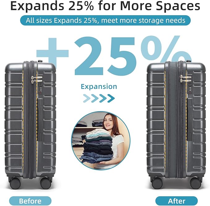 LARVENDER Luggage Sets 5 Piece Hardside Expandable Suitcase with Wheels Lock,PC+ABS Hardside Lightweight Rolling Suitcase for Women and Men,Space Grey