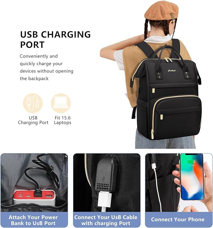 FOCDOD Women Laptop Backpack Work Bag - Fits 15.6 inch with Laptop Compartment Waterproof Professional Fashion Travel Purse for College Nurse Business Computer Backpack
