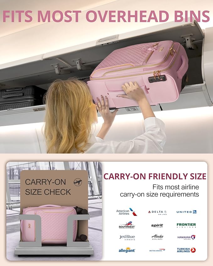 Carry On Luggage 22x14x9 Airline Approved, 20 Inch Softside Suitcase with 4 Pcs, Lightweight Luggage for Women with TSA Lock and 4 Spinner Wheels, Soft Side Carry-on Suitcases for Travel, Pink